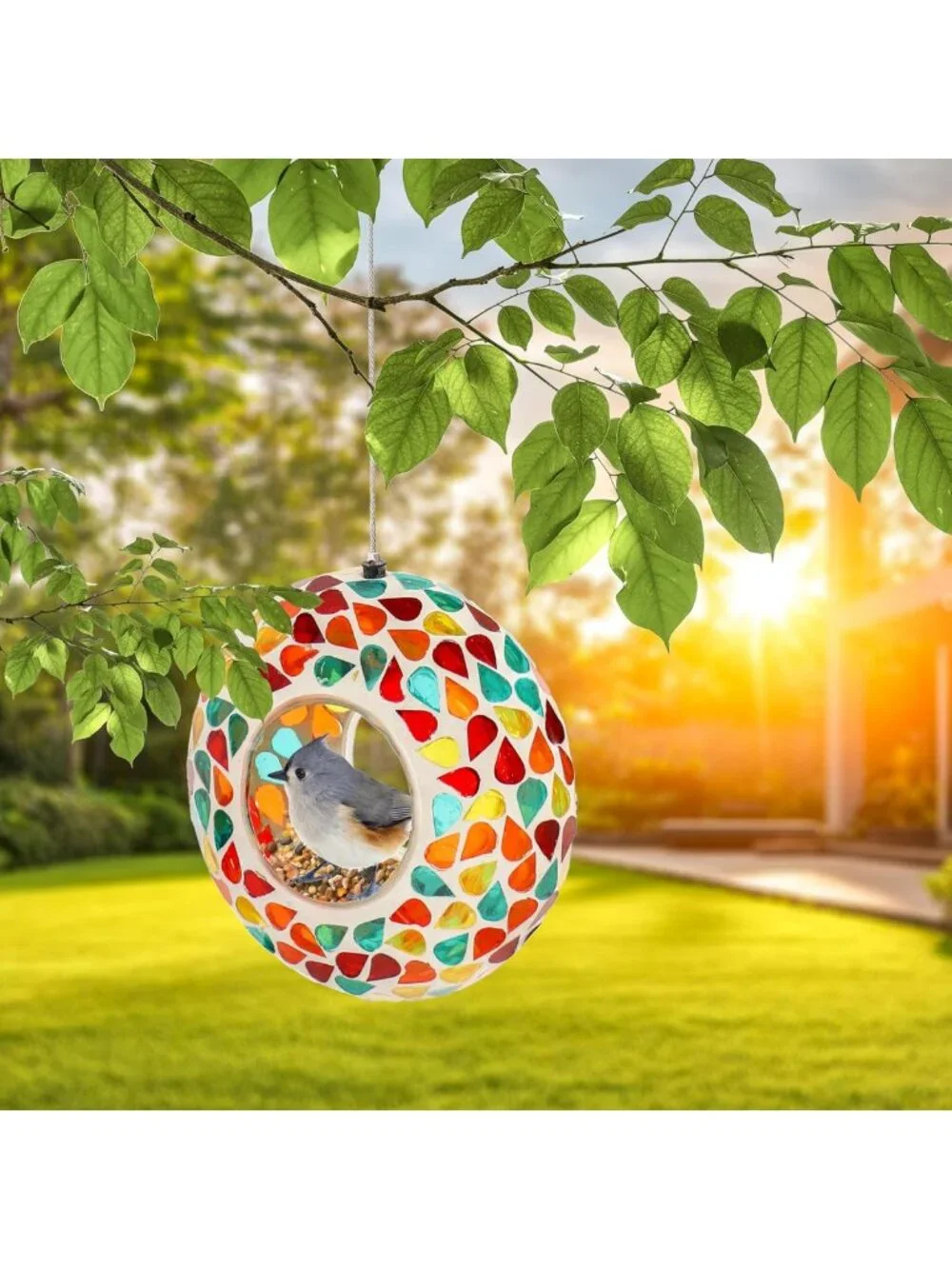 Colorful 6-Inch Glass Mosaic Hanging Bird Feeder - Outdoor Fly-Through Feeder